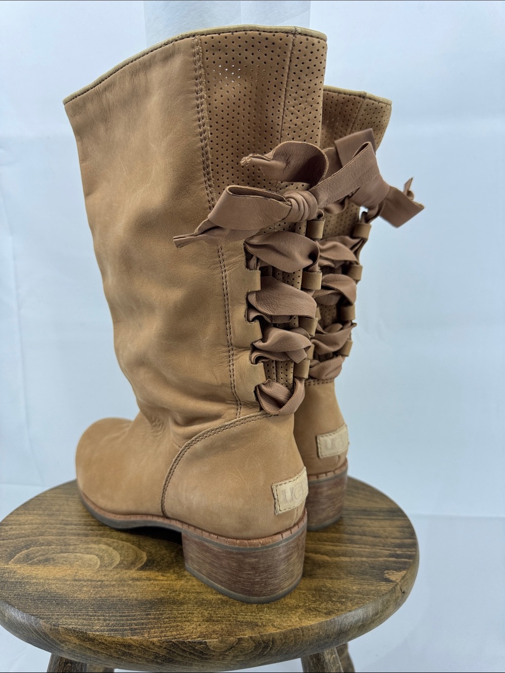 Ugg Womens Cary Tan Mid-Calf Leather Boots Back Lace-Up Coreset in Putty, sz 7